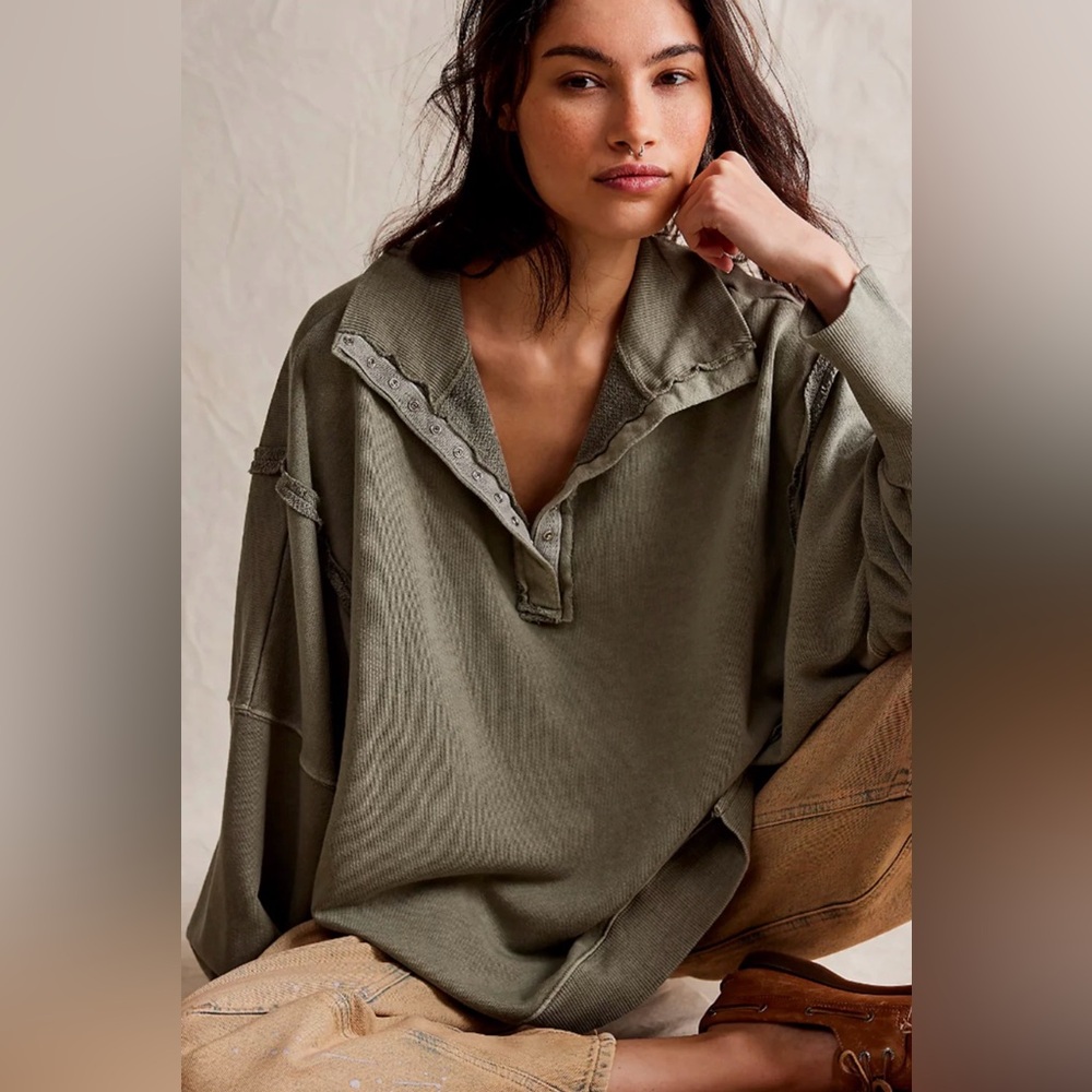 We The Free Free People Camden Oversized Henley Sweatshirt in Laurel Oak